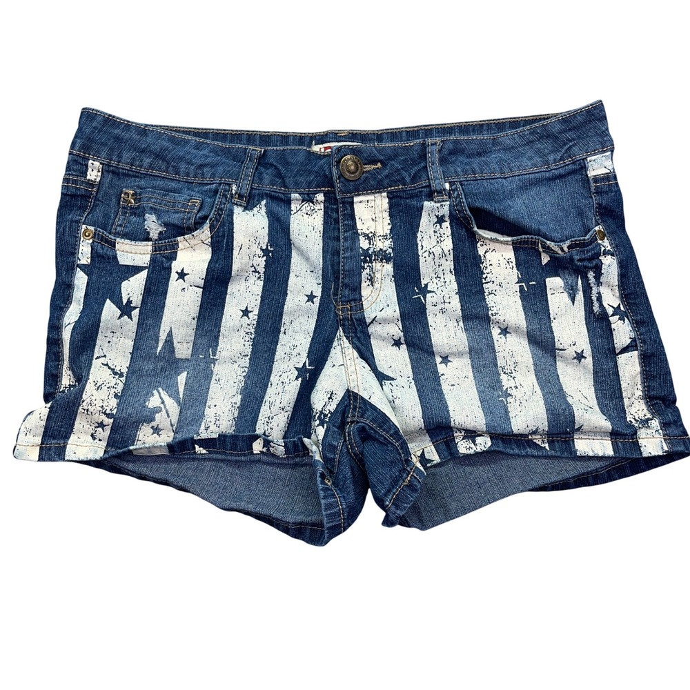 LEI Denim Shorts American Flag‎ Print Low Rise Distressed Blue Size 15 Fits 34"